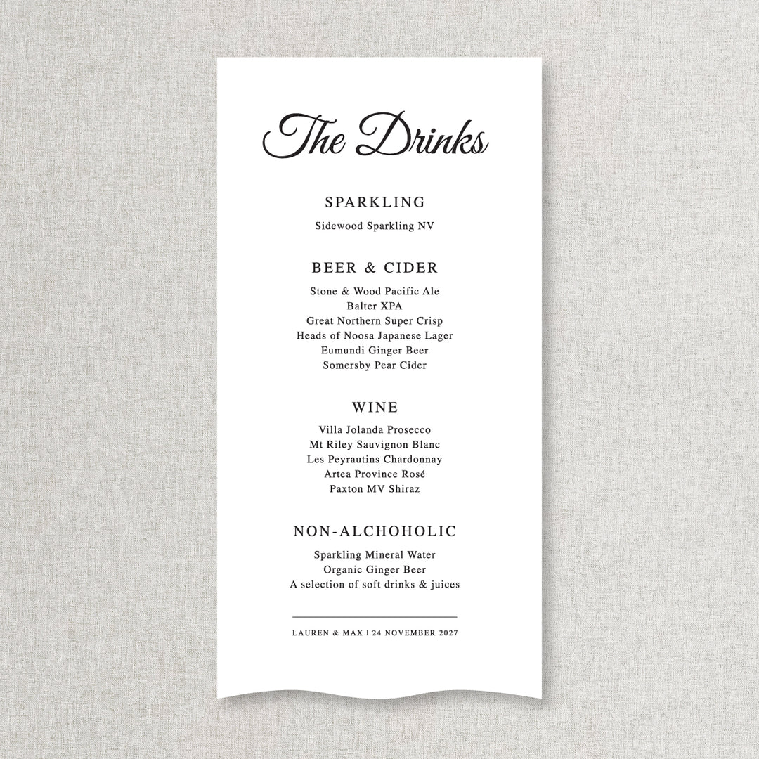 Calligraphy wedding bar and beverages sign printed on fabric material in Australia