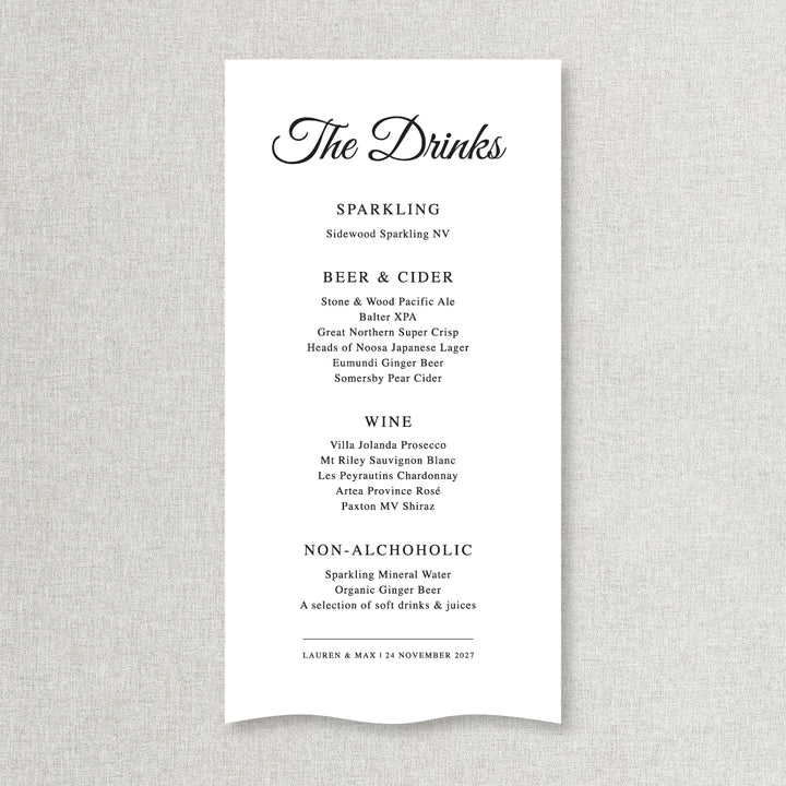 Calligraphy wedding bar and beverages sign printed on fabric material in Australia
