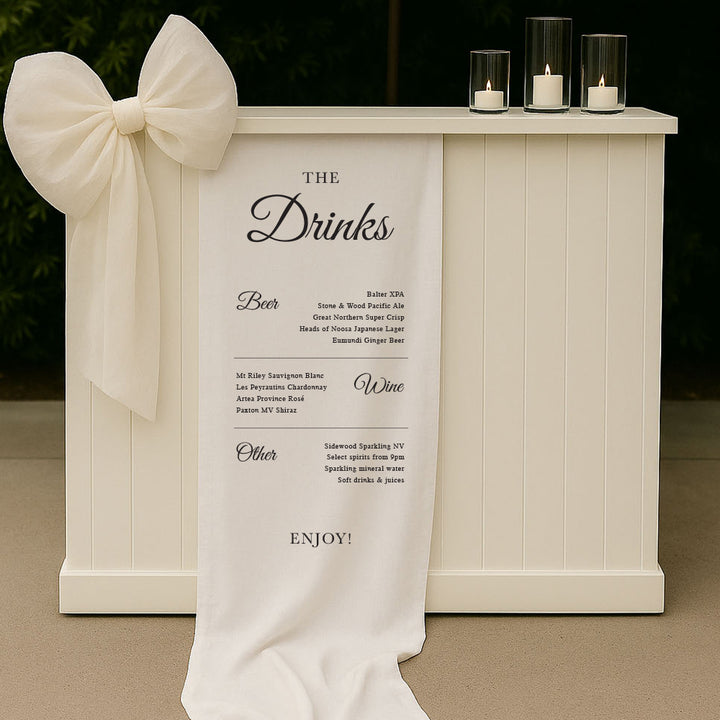 Drinks wedding bar and beverages sign printed on fabric material in Australia