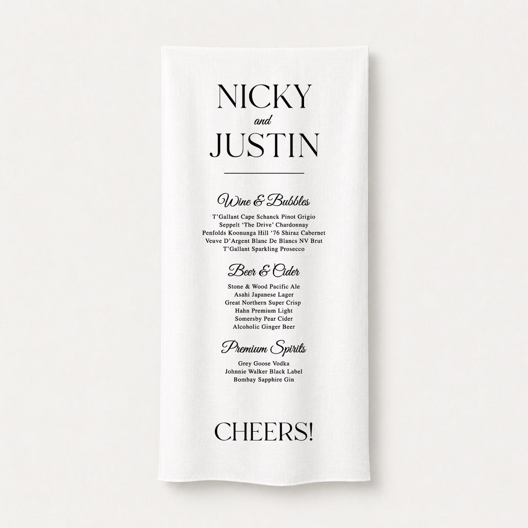 Elegant fabric wedding bar sign with timeless serif typography displaying a drinks menu and the bride and grooms names, designed and printed in Australia.