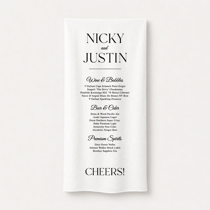 Elegant fabric wedding bar sign with timeless serif typography displaying a drinks menu and the bride and grooms names, designed and printed in Australia.