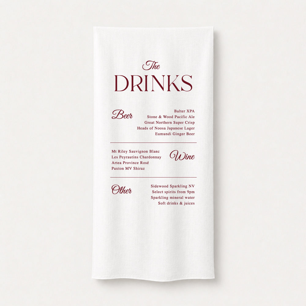 Elegant fabric wedding bar sign with timeless serif typography displaying a drinks menu, designed and printed in Australia in burgundy.