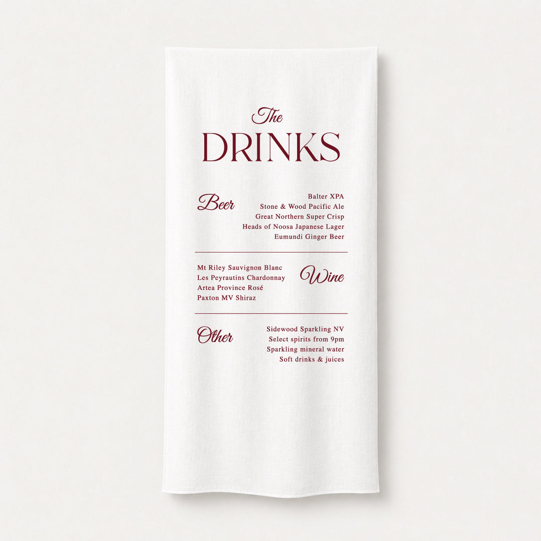 Elegant fabric wedding bar sign with timeless serif typography displaying a drinks menu, designed and printed in Australia in burgundy.