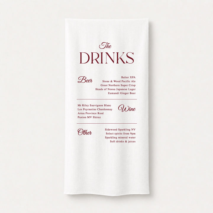Elegant fabric wedding bar sign with timeless serif typography displaying a drinks menu, designed and printed in Australia in burgundy.
