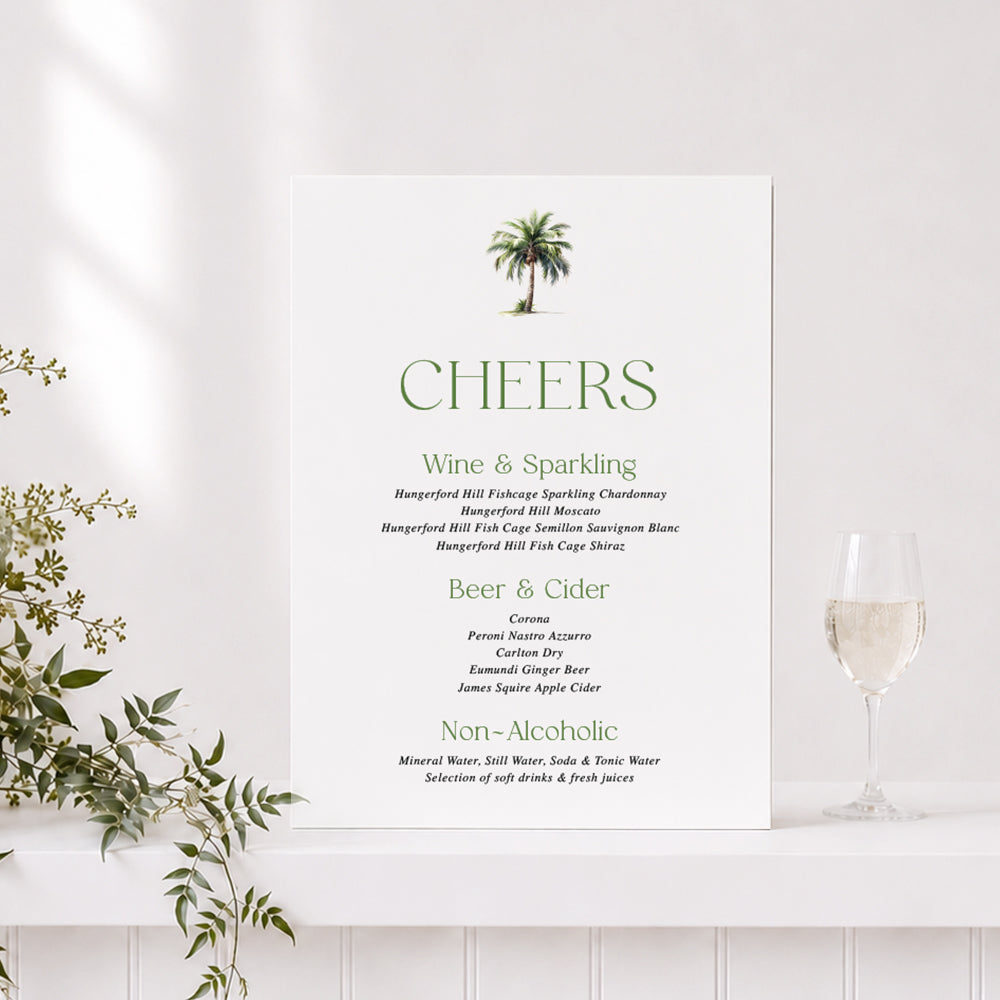 Tropical palm tree themed wedding bar sign on acrylic or foamboard, printed in Australia. 