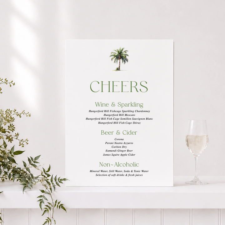 Tropical palm tree themed wedding bar sign on acrylic or foamboard, printed in Australia. 