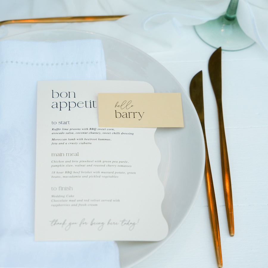Wedding invitation sample pack. Lemon yellow scallop shape wedding menu with separate place cards.  Peach Perfect Stationery Designs Australia.