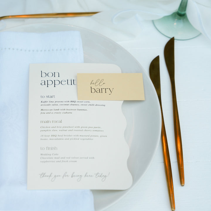 Wedding invitation sample pack. Lemon yellow scallop shape wedding menu with separate place cards.  Peach Perfect Stationery Designs Australia.