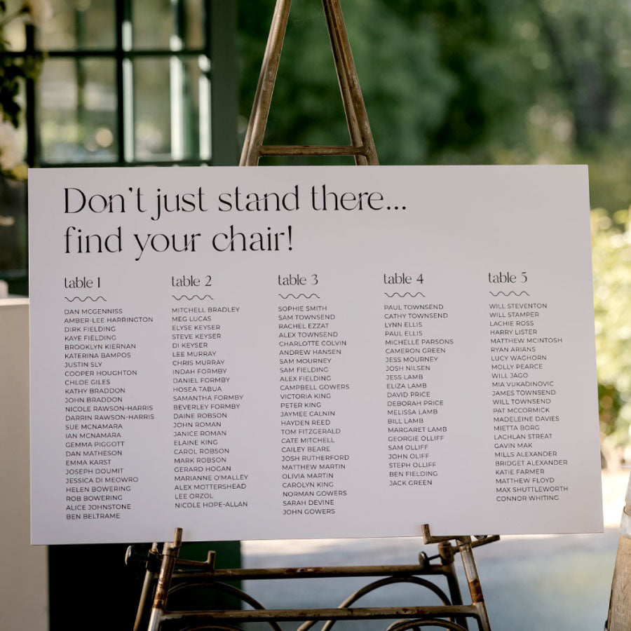 Modern wedding welcome sign in black and white with 5 tables in table number layout