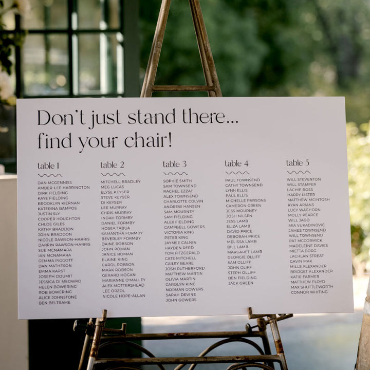 Modern wedding welcome sign in black and white with 5 tables in table number layout