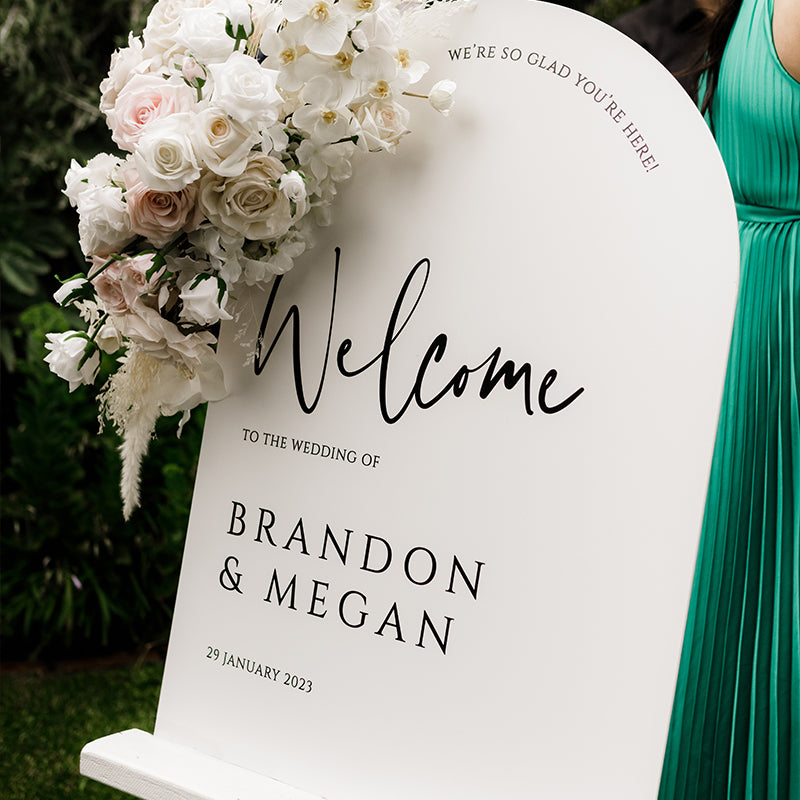 Arch wedding welcome sign Australia in black and white