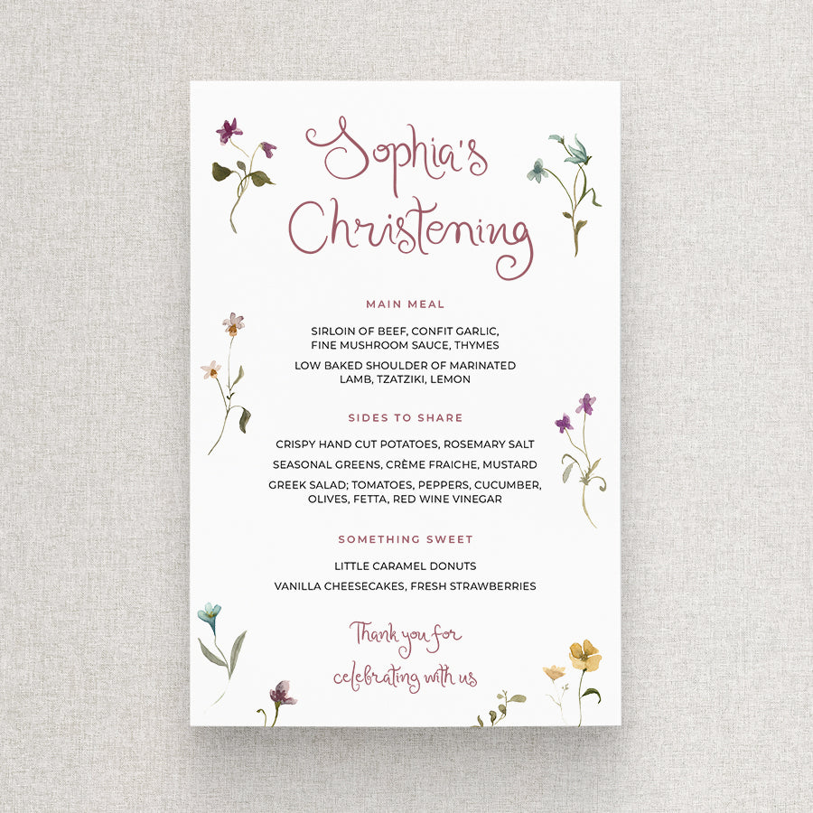 Beautiful Baptism or Christening menu with handwritten font and delicate colourful wlidflowers. Designed and printed in australia.