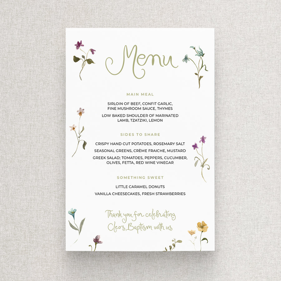 Beautiful Baptism or Christening menu with handwritten font and delicate colourful wlidflowers. Designed and printed in australia.