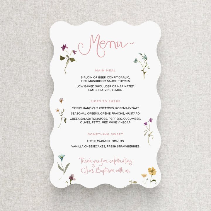 Beautiful Baptism or Christening menu with handwritten font and delicate colourful wlidflowers. Designed and printed in australia.