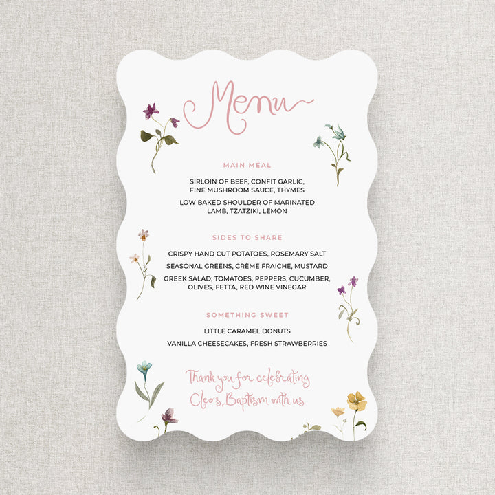 Beautiful Baptism or Christening menu with handwritten font and delicate colourful wlidflowers. Designed and printed in australia.
