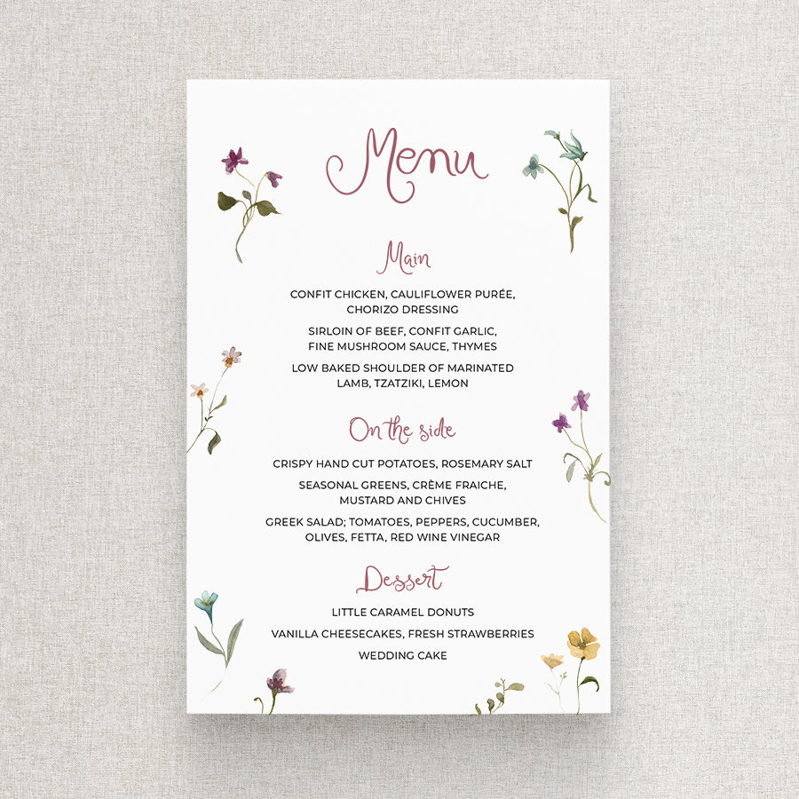 Beautiful wedding menu with handwritten font and delicate colourful wlidflowers. Designed and printed in australia.