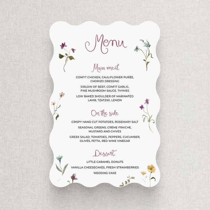 Beautiful wedding menu with handwritten font and delicate colourful wlidflowers. Designed and printed in australia.