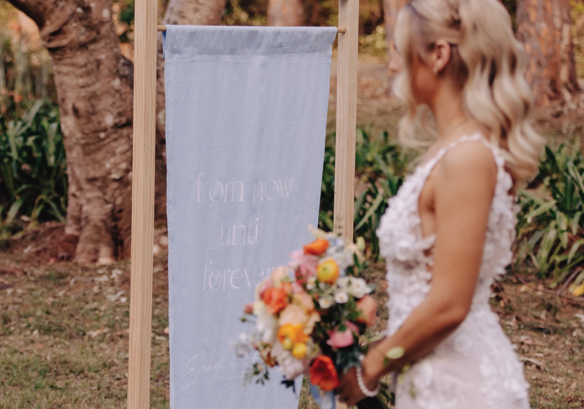 Beautiful blue and white linen wedding welcome sign Australia