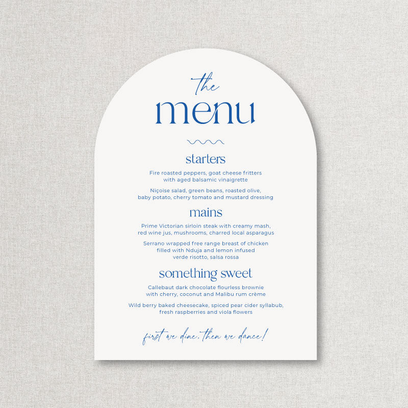 White arch shape die cut wedding menu with blue ink and guest name printing Australia. 
