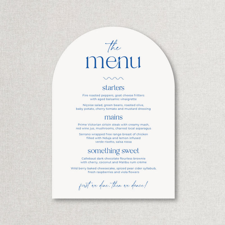 White arch shape die cut wedding menu with blue ink and guest name printing Australia. 