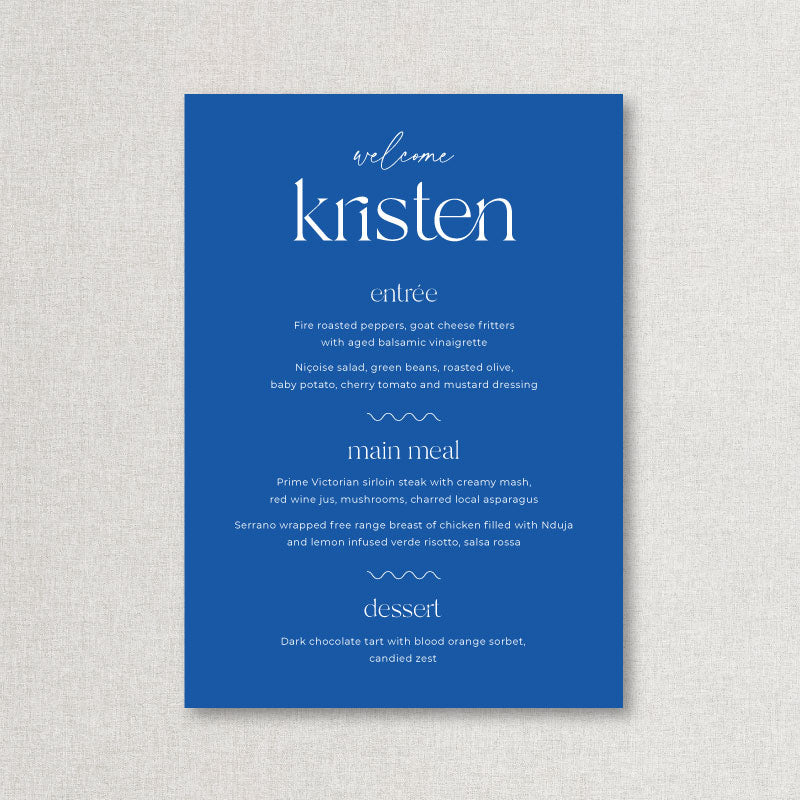 Bright blue wedding menu with white ink and guest name printing Australia.