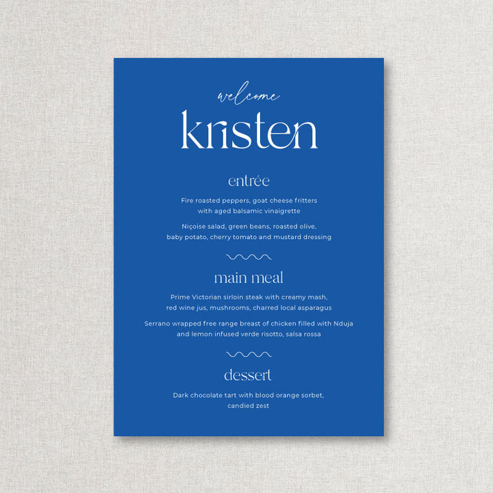 Bright blue wedding menu with white ink and guest name printing Australia.