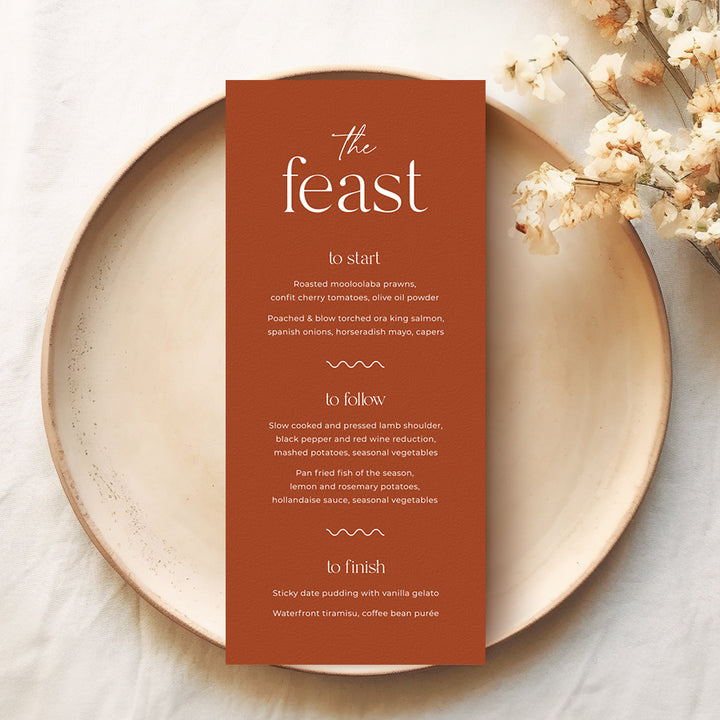 Burnt orange and white wedding menu DL size printed in Australia