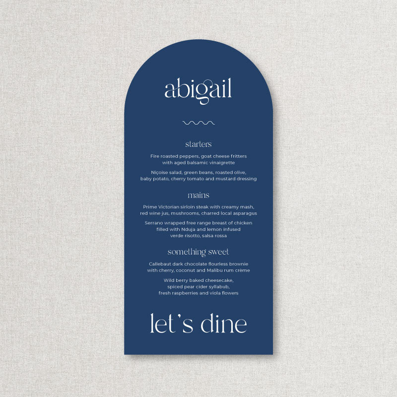 Navy blue and white wedding menu in DL tall arch shape, printed in Australia