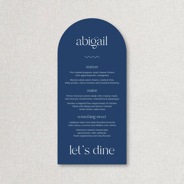 Navy blue and white wedding menu in DL tall arch shape, printed in Australia
