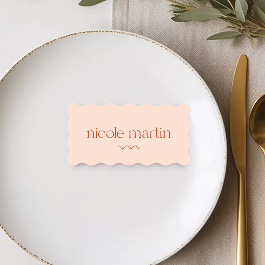 Modern flat wavy shape wedding or event place cards or name tags. Blush pink and burnt orange.