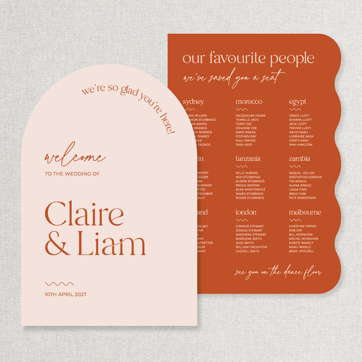 Peach and burnt orange discounted wedding sign package includes welcome sign and seating chart 