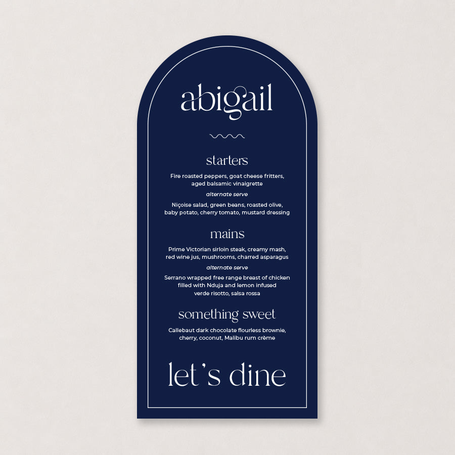 Navy blue arch wedding menu with elegant white typography