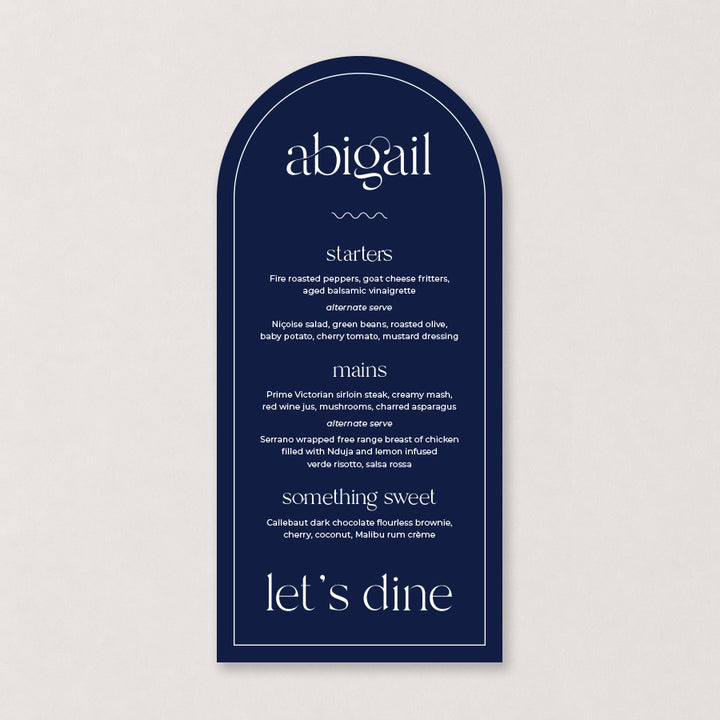 Navy blue arch wedding menu with elegant white typography