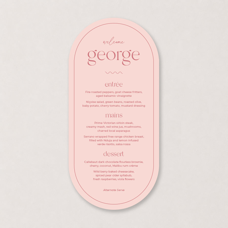 Blush pink oval wedding menu with elegant burgundy typography