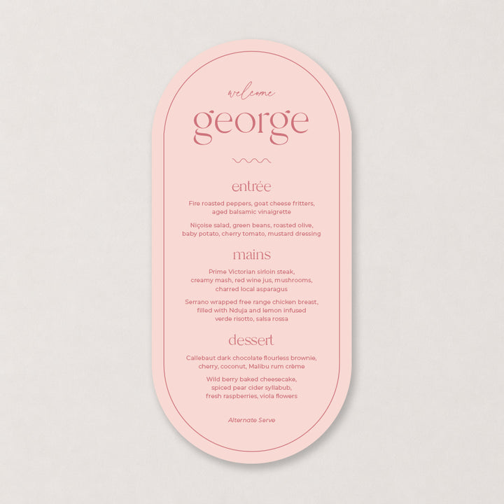 Blush pink oval wedding menu with elegant burgundy typography