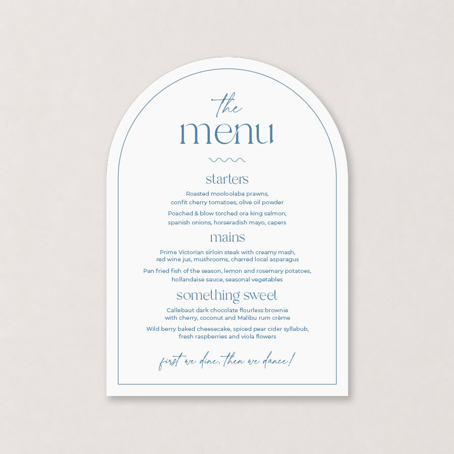 White arch wedding menu with pale blue typography and layered border
