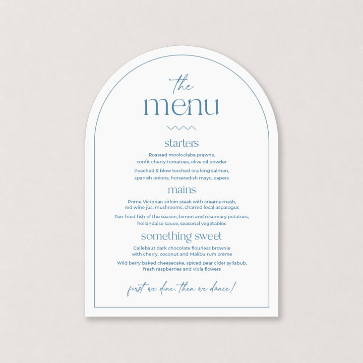 White arch wedding menu with pale blue typography and layered border
