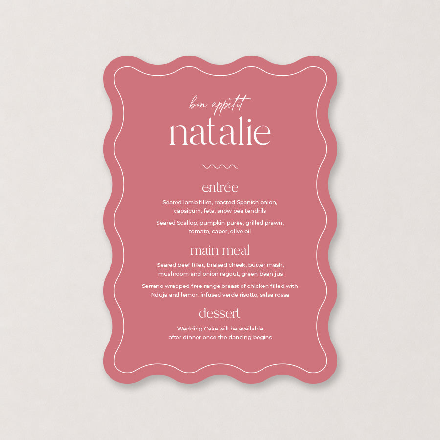 Pink wedding menu with decorative wavy edge and white typography