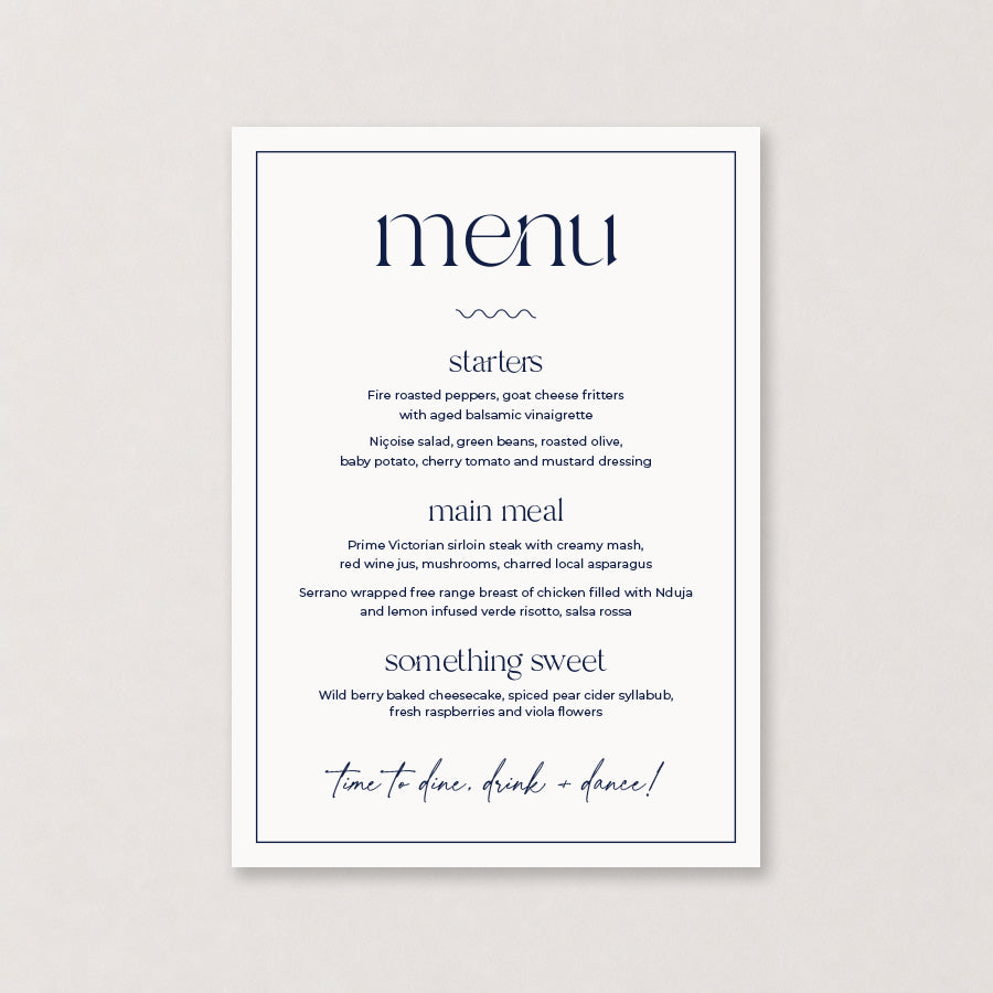 White rectangular wedding menu with dark blue typography and double border
