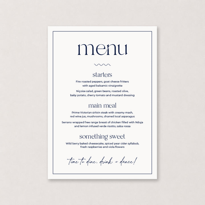 White rectangular wedding menu with dark blue typography and double border