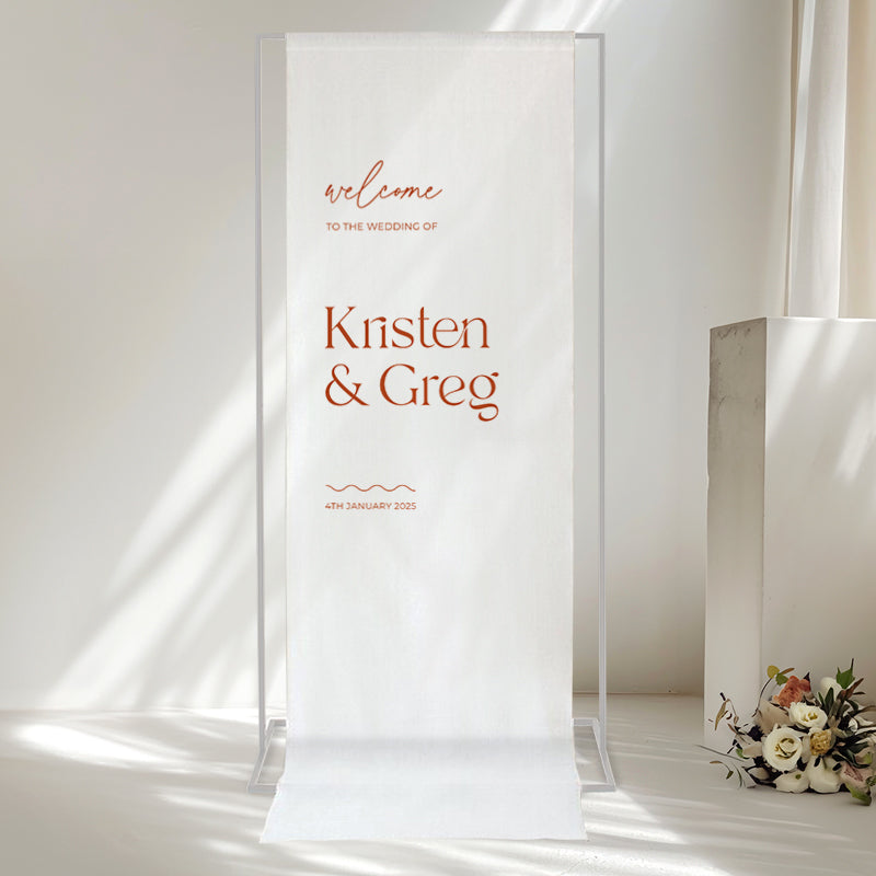 Wedding or event welcome sign printed on 100% linen fabric in Australia. Peach Perfect.