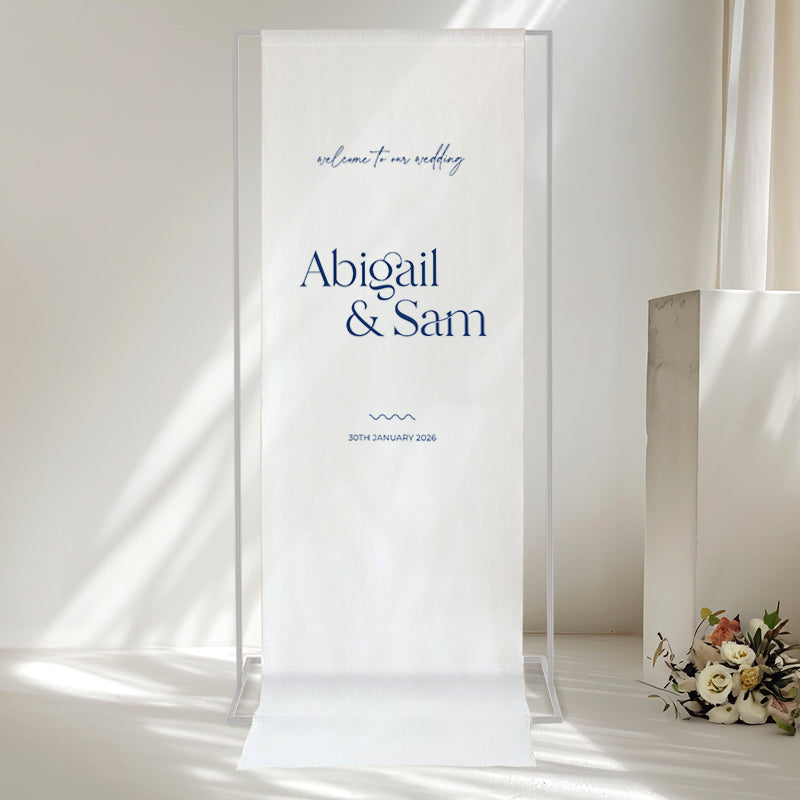 Wedding or event welcome sign printed on 100% linen fabric in Australia. Peach Perfect. Navy blue and white.
