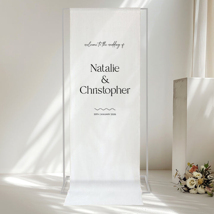 Wedding or event welcome sign printed on 100% linen fabric in Australia. Peach Perfect.