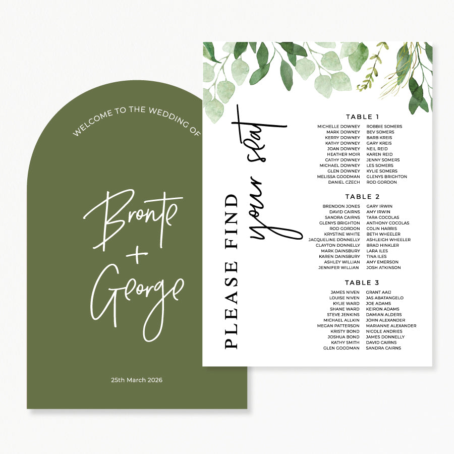 Wedding welcome sign and seating chart discounted package.  Watercolour green leaves, arch shape, printed in Australia.