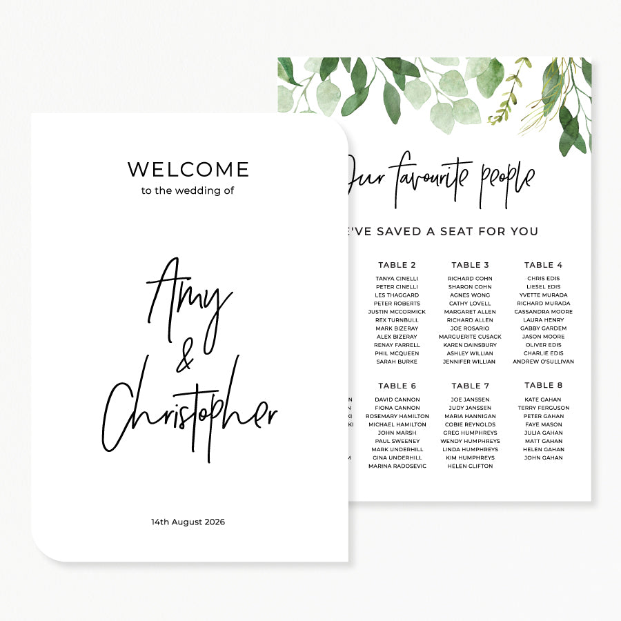 Wedding welcome sign and seating chart discounted package.  Watercolour green leaves printed in Australia.