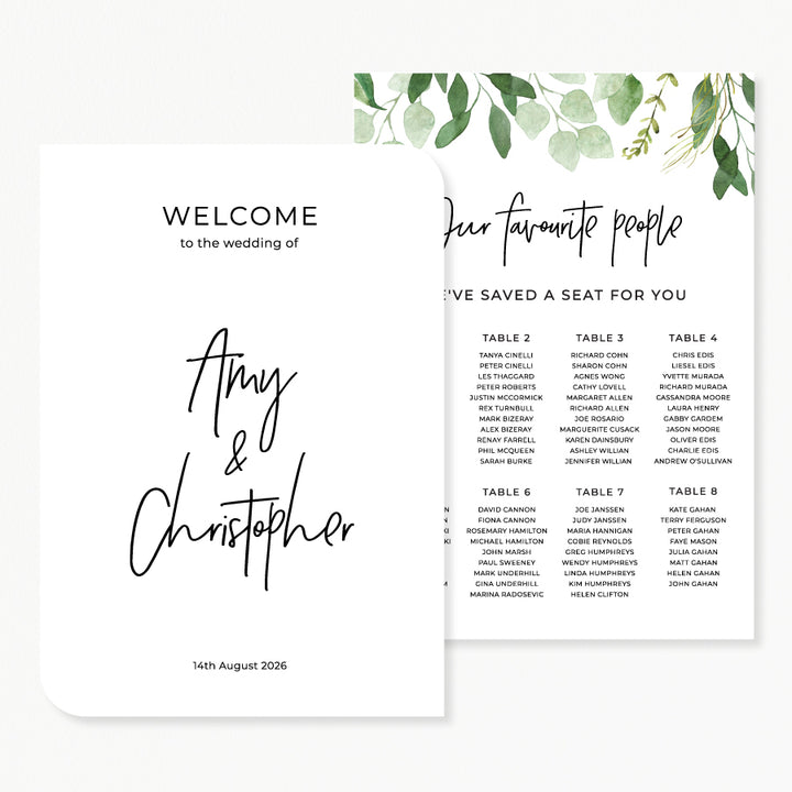 Wedding welcome sign and seating chart discounted package.  Watercolour green leaves printed in Australia.