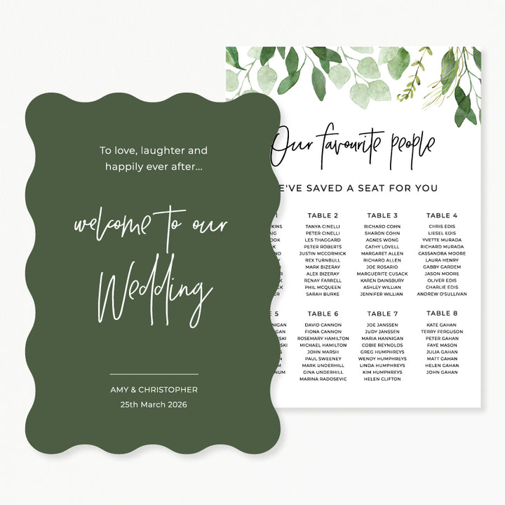 Wedding welcome sign and seating chart discounted package.  Wavy shape, dark green with watercolour leaves printed in Australia.