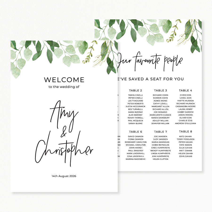 Wedding welcome sign and seating chart discounted package.  Watercolour green leaves printed in Australia.