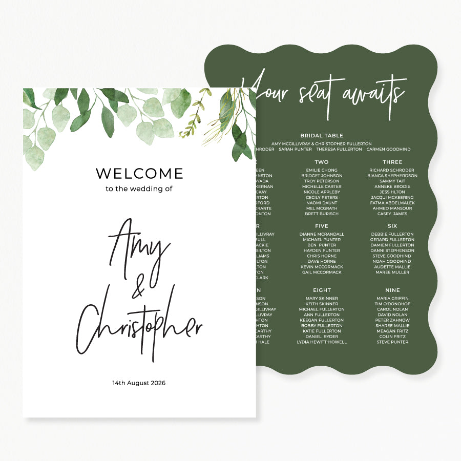 Wedding welcome sign and seating chart discounted package.  Watercolour green leaves and different shapes.