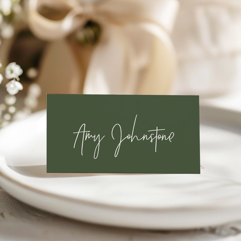 Folded wedding place cards or name cards in green and white with modern script font style. Peach Perfect Australia.